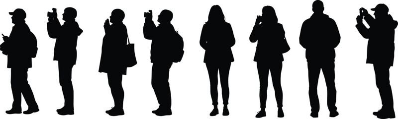 Silhouette people using smartphones, mobile device addiction concept, digital lifestyle illustration, modern technology dependence, social media culture, communication habits,