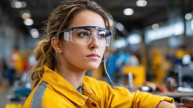 The Visionary: A determined woman, adorned in protective eyewear and work attire, embodies competence within an industrial setting, reflecting resolve and dedication.