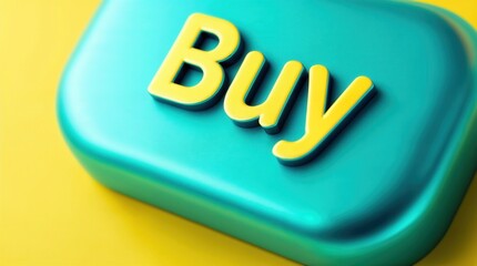 3D buy button in yellow and turquoise. Close-up of a glossy web icon for online shopping. E-commerce and call to action concept