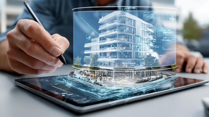 Architect's Digital Vision: An architect meticulously crafts the future, sketching designs of an exquisite building on a cutting-edge digital tablet. The scene merges artistry with modern technology. - Powered by Adobe