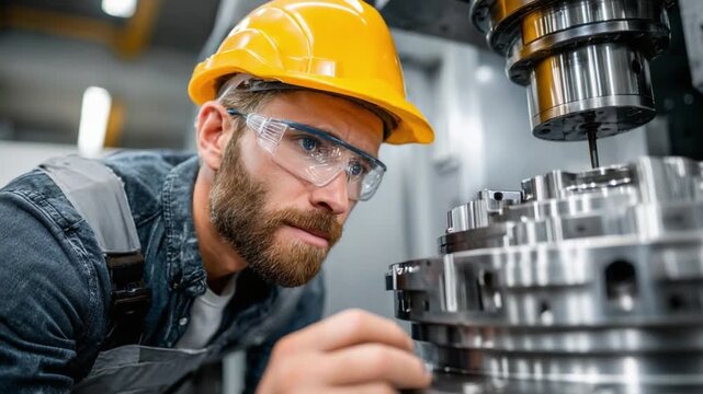 Precision and Focus: A skilled engineer, clad in safety gear, intently monitors the intricate workings of advanced machinery in a modern industrial setting.