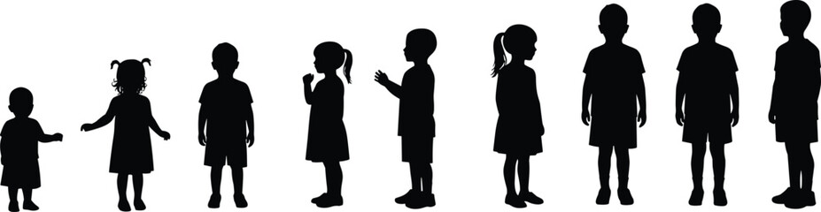 Children, Kids, Growth, Age, Stages, Development, Progression, Height, Childhood, Youth, Boy, Girl, Family, Human, People, Line, Row, Silhouette, Vector, Illustration
