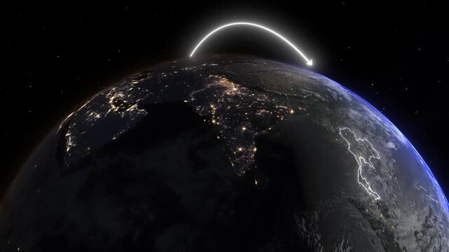 Realistic 3D Earth Night Flight Path Arc from Miami United States to Bangkok Thailand