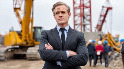 Construction Confidence: A focused, sophisticated individual, arms crossed, exudes authority amidst the bustling backdrop of a construction site. This image captures leadership.