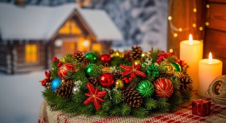 Festive christmas wreath with glowing candles and cozy cabin in background