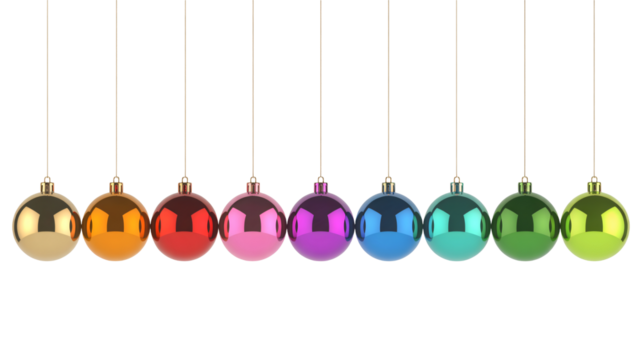 Vibrant multi colored holiday ornaments gleam with festive cheer, perfect for dazzling Christmas and New Year celebrations.