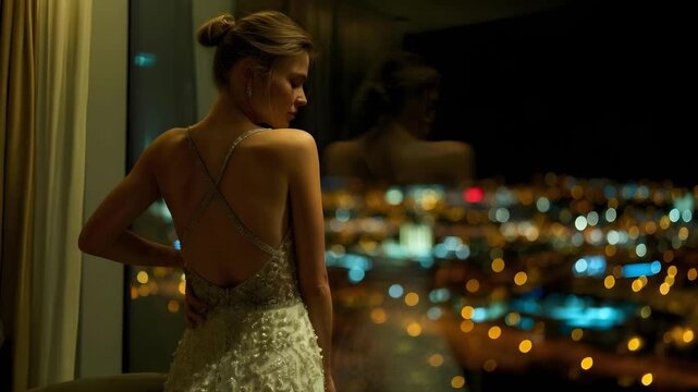 A woman in a sparkling backless evening gown stands by a window, looking out over a city lit up at night.