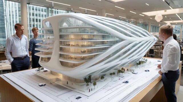 Architectural Model and Observation: A group of professionals intently studies a meticulously crafted architectural model, examining the intricacies of a modern building design.