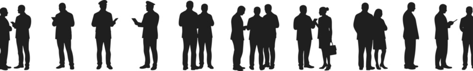 Silhouette people standing in line, diverse human figures, group communication, teamwork concept, business crowd, waiting queue, modern lifestyle, social interaction, minimal illustration design