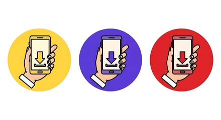 Digital concept image featuring a hand using a smartphone with an explicit download symbol, set against vibrant circles.