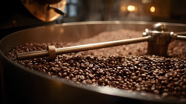 Dark roasted coffee beans circulate within a metal roasting drum during processing