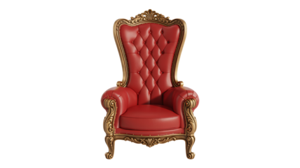 Luxurious red leather throne chair with ornate gold trim and tufted back, exuding opulence and regal grandeur for exclusive decor