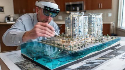 Visionary Architect: An architect wearing augmented reality glasses meticulously examines a detailed model of a modern building project, showcasing innovation. - Powered by Adobe