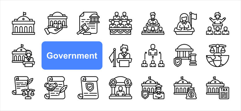 Government icon set with Public service, Legislature, Parliament, Regulation, Policy, Welfare, Infrastructure simple line vector.