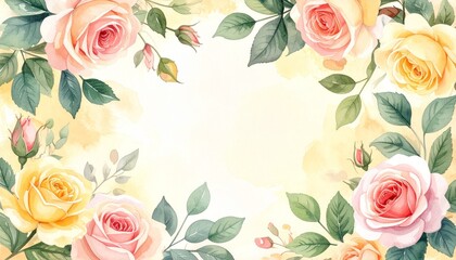 Floral Border of Yellow and Peach Roses with Green Leaves Framing Blank Cream Center on Soft Background Symbolizing Elegant Invitation Warm Celebration and Editorial Styling for Decorative and Lifesty