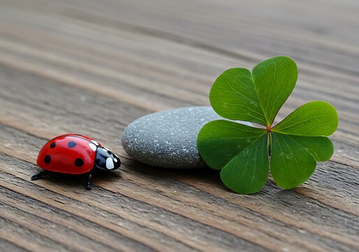 Lucky Charm - Ladybug, Clover, and Stone on Wood.
