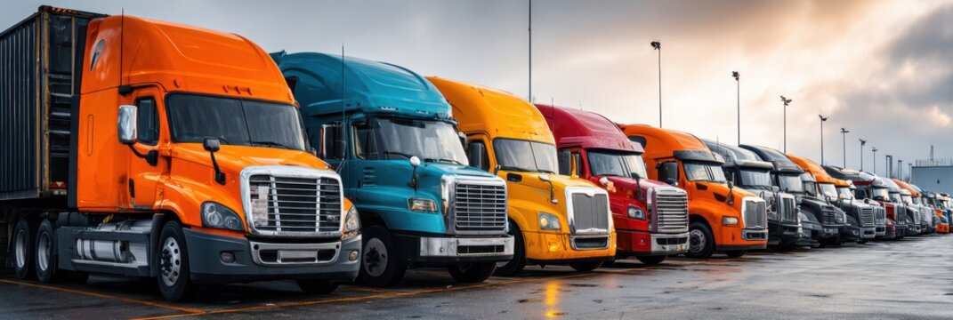 Semi Truck Convoy. Lined Up Cargo Trucks in Logistics Warehouse Parking Lot