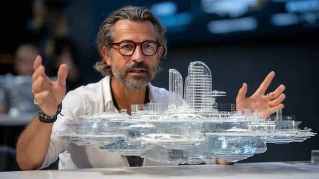 Architect's Vision: A skilled architect articulates a vision, his hands gesturing towards an intricate building model, showcasing creativity and innovation in design and development.