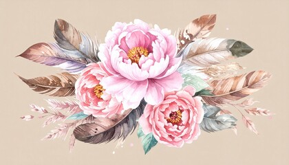 Floral Arrangement with Pink Peonies Feathers Butterflies and Birds on Soft Beige Background Symbolizing Romantic Elegance Artistic Nature and Editorial Styling for Decorative and Lifestyle Use