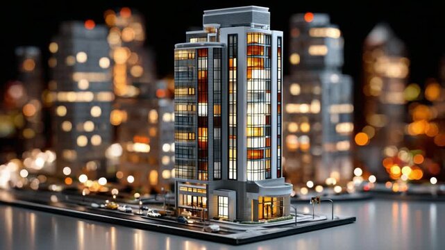 Modern Cityscape in Miniature: A meticulously crafted scale model of a contemporary skyscraper, illuminated against the backdrop of a softly blurred urban night scene.
