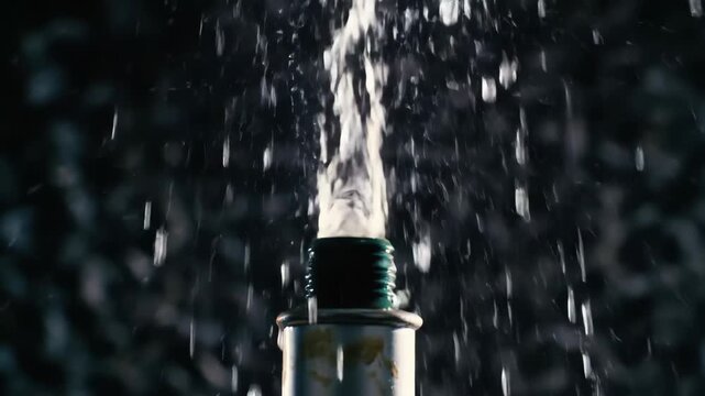 Dynamic slow motion shot of liquid spraying from a bottle neck.