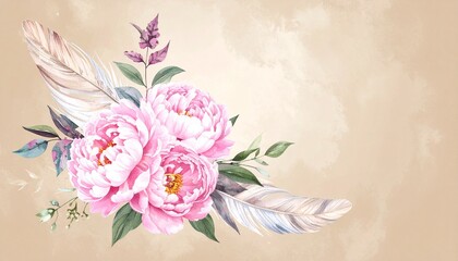 Floral Arrangement with Pink Peonies Feathers Butterflies and Birds on Soft Beige Background Symbolizing Romantic Elegance Artistic Nature and Editorial Styling for Decorative and Lifestyle Use