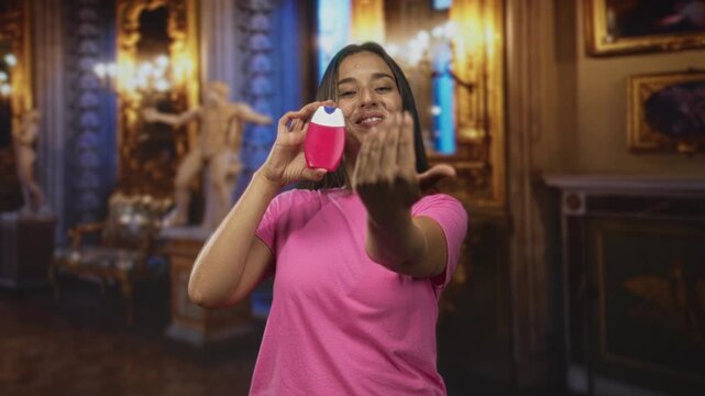 Woman holding pink bottle and pointing finger forward in ornate museum gallery, smiling and presenting object; playful invitation.