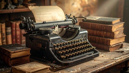 Antique Typewriter with Leather Bound Books and Writing Tools on Wooden Surface Against Rustic Wall Symbolizing Literary Nostalgia Historical Craftsmanship and Editorial Styling for Vintage and Lifest