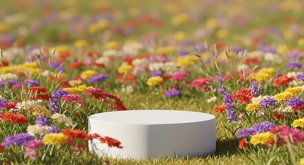 White Product Display Podium in a Vibrant Spring Flower Field.