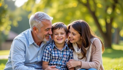 Fototapeta premium Family Outdoor Adventure Parents Looking at Their Joyful Child in a Sunny Park Capturing Cherished Moments