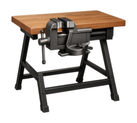 Compact folding workbench featuring a quick-release vise for DIY projects.
