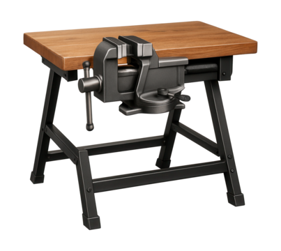 Compact folding workbench featuring a quick-release vise for DIY projects.