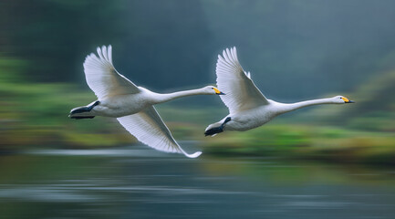 Two White Swans Fly Low