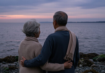 Senior couple embracing by the calm seaside at dusk, enjoying tranquil companionship and peaceful evening togetherness outdoors