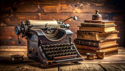 Antique Typewriter with Leather Bound Books and Writing Tools on Wooden Surface Against Rustic Wall Symbolizing Literary Nostalgia Historical Craftsmanship and Editorial Styling for Vintage and Lifest
