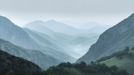 Layered mountain ranges recede into a soft, atmospheric blue haze under a pale sky.