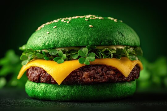 St. Patrick's Day Hamburger: Green Cheeseburger with Cheese, Beef, and Fresh Bun - Powered by Adobe