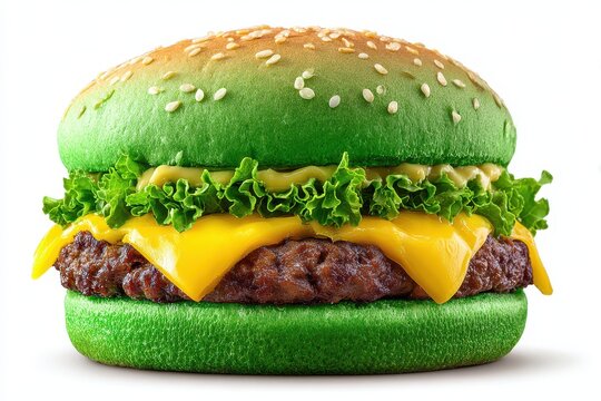 St. Patricks Day Meal. Green Hamburger with Cheese, Bread, Beef and Meat