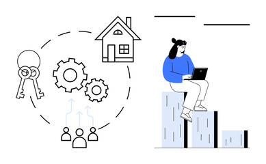 Woman sitting on bar chart with laptop, surrounded by icons of keys, gears, house, and teamwork depictions. Ideal for real estate, teamwork, strategy, financial growth property management remote