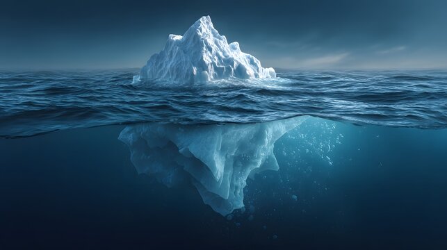 Massive iceberg floats upon the deep ocean displaying its underwater mass