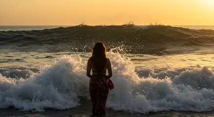 Woman standing on the beach watching the waves at sunset.