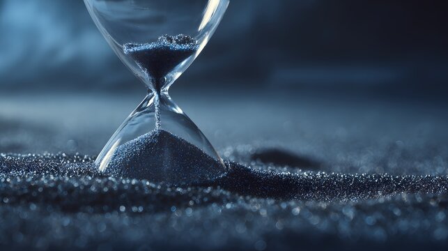 Hourglass measuring the passage of time with dark sparkling granules in low light - Powered by Adobe
