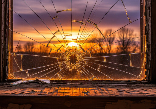 Sunset light streaming through a shattered glass window with broken edges and silhouettes of bare trees in the evening