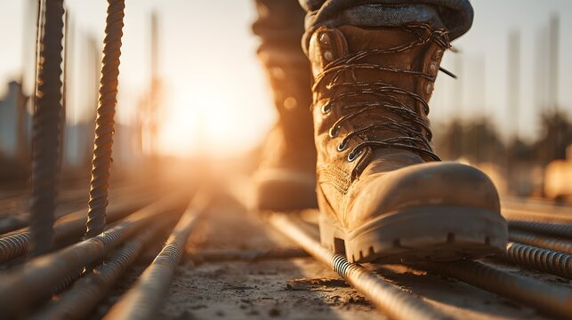 Worker's heavy duty boot steps carefully across steel reinforcement bars at a construction site during sunrise or sunset