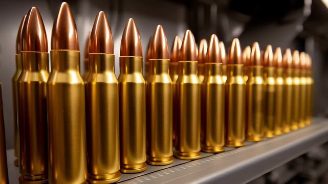 Close up of shiny golden rifle bullet ammunition cartridge with metallic brass and copper tips lined up row evoking precision