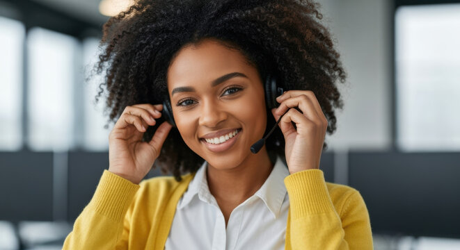 Confident young woman customer service representative with headset smiling in modern office workspace during daytime