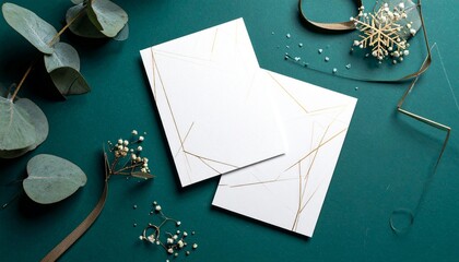 Minimalist Geometric Cards with Gold Lines and Watercolor Accents on Teal Background with Satin Ribbon and Dried Flowers Symbolizing Elegant Invitation Modern Stationery and Editorial Styling for Life