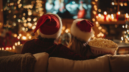 Cozy couple cuddled on couch watching Christmas movie, wearing comfortable Santa hats, popcorn bowl, string lights, TV glow on faces, intimate setting, hygge atmosphere, warm tones