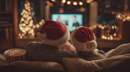 Cozy couple cuddled on couch watching Christmas movie, wearing comfortable Santa hats, popcorn bowl, string lights, TV glow on faces, intimate setting, hygge atmosphere, warm tones