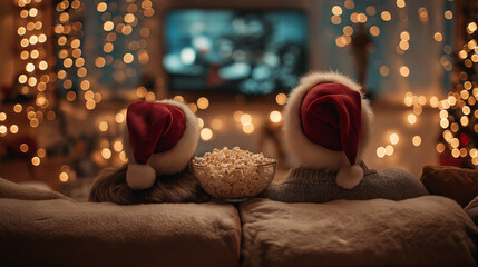 Cozy couple cuddled on couch watching Christmas movie, wearing comfortable Santa hats, popcorn bowl, string lights, TV glow on faces, intimate setting, hygge atmosphere, warm tones